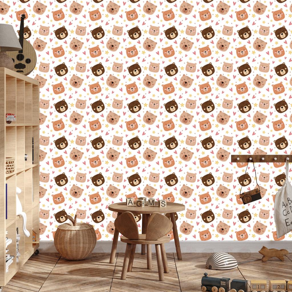 Bear Wallpaper white, cream, peach and orange 50x1000