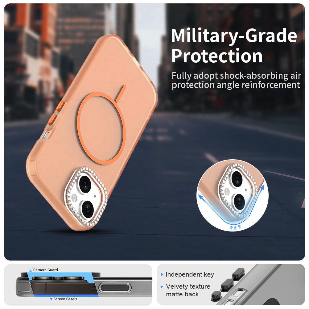 For iPhone 15 Plus/14 Plus Case Compatible with MagSafe TPU+PC+PET Phone Cover Rhinestone Decor Lens Frame