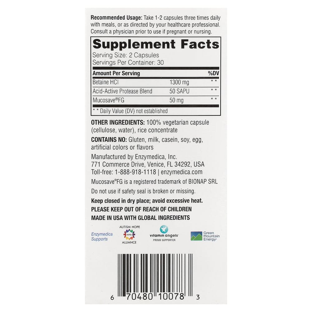 Enzymedica Fast-Acting Betaine HCl Capsules, 60 Count