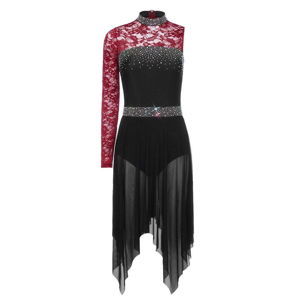 Womens Lyrical Dance Asymmetrical Bodysuit Dress Single Long Sleeve Floral Lace Irregular Hem Skirt