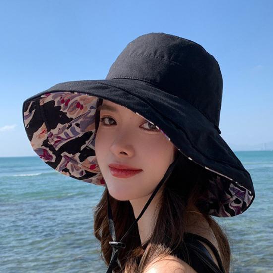 Women Summer Hat Windproof Strap Printed Large Brim Foldable Anti-UV Sun Protection Fisherman Cap Outdoor Sun Hat