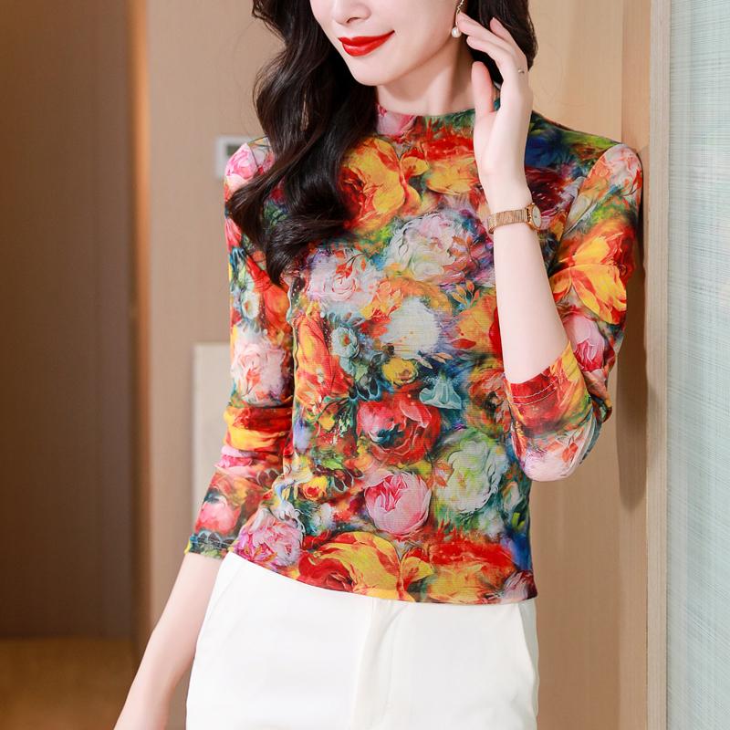 Floral Print Mesh T-Shirt Women's Autumn Stretch Slim Fit Top Long Sleeve Pullover Sweatshirt