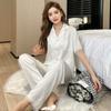 Women's Summer Ice Silk Loungewear 2 Piece Short Sleeve Long Pants Pajamas Set High-end Spring and Autumn Homewear