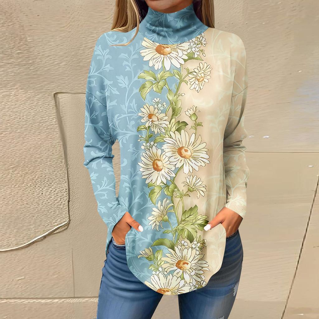 Футболки для женщин, осенние повседневные рубашки с длинными рукавами, толстовка с винтажным принтом, топ с высоким воротом, пуловер