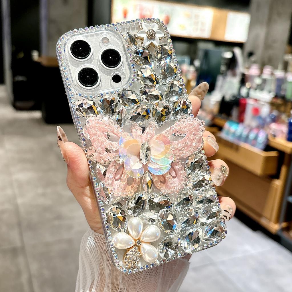 For iPhone 16 Pro Max Case Glass Rhinestone Decor Butterfly Pattern TPU Phone Back Cover