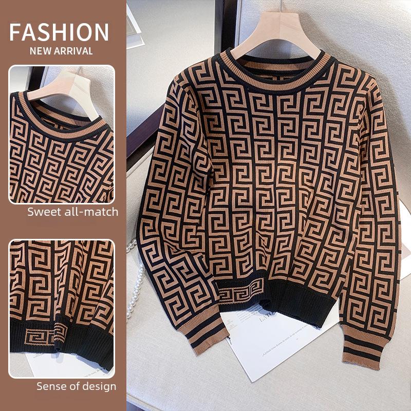 Women's Retro Jacquard Color-Block Long-Sleeve Knitted Pullover Sweater for 2024 Autumn/Winter