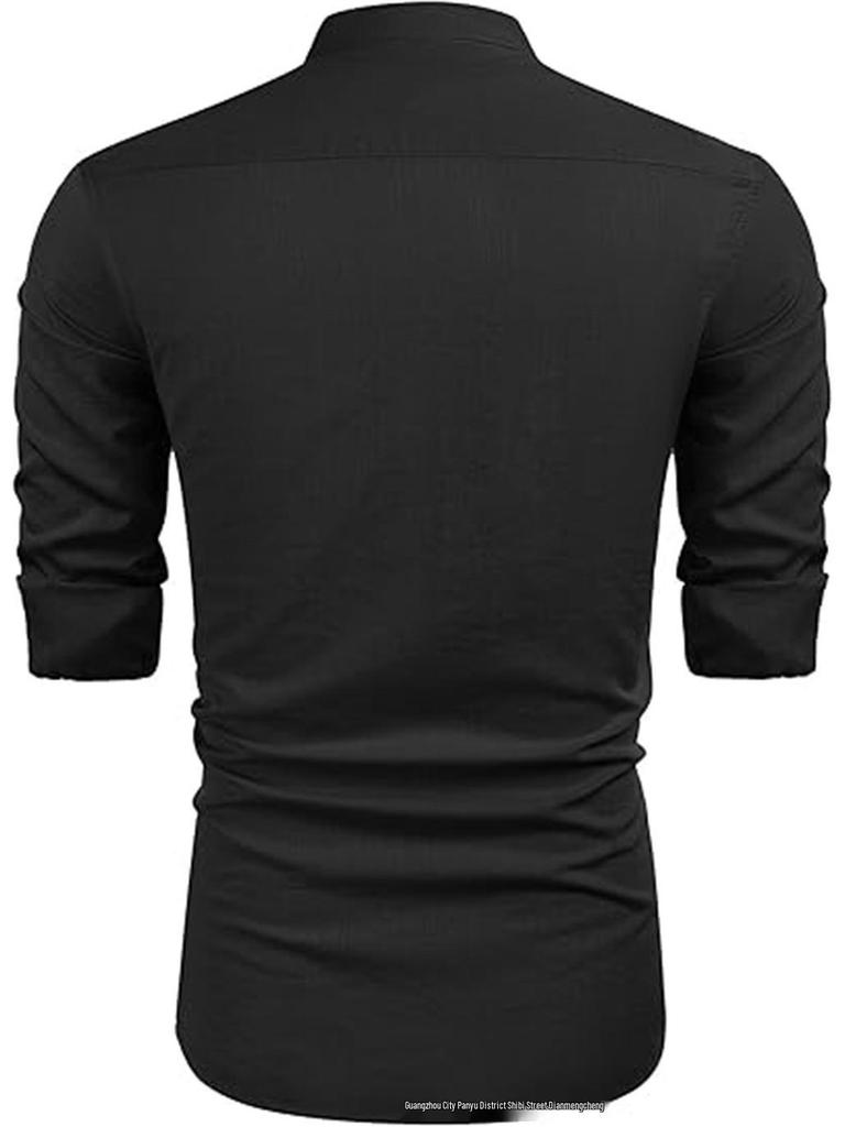 Men's Casual Cotton Linen Stand Collar Shirt - European & American Style for Summer Beach Vacation 2026