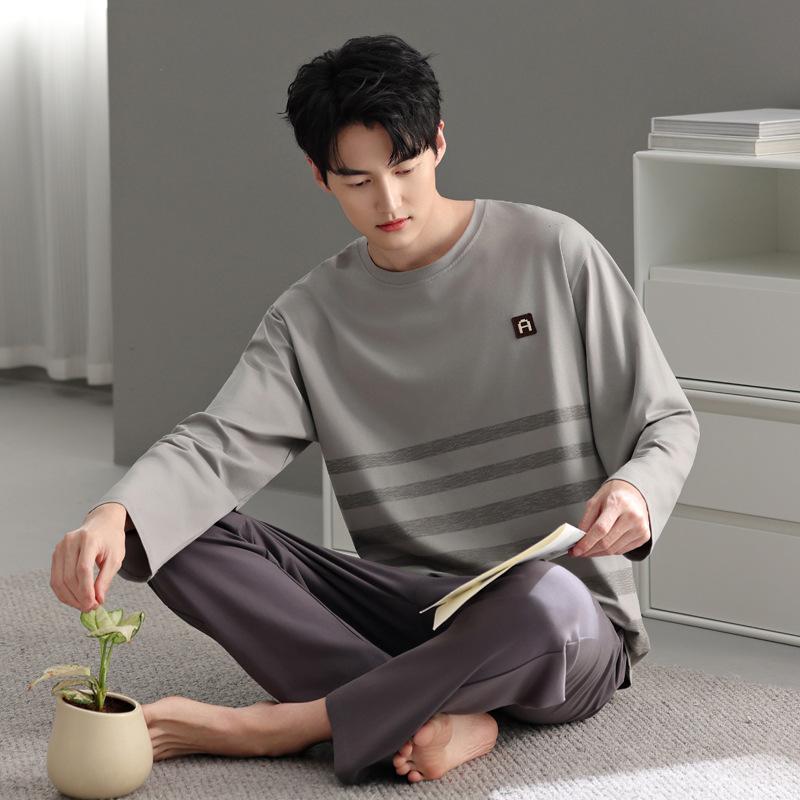 Pajamas Men'S Spring And Autumn Autumn Cotton Long Sleeve Autumn Casual Pullover Large Size Men'S Loungewear Set