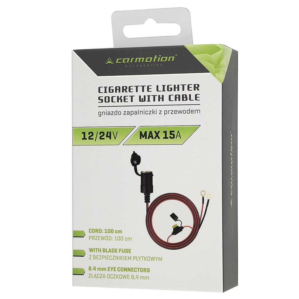 Cigarette Lighter Socket with 100 Cm Cable with 15A Fuse and 8.4 Mm Ring Terminals