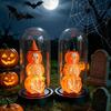 Unique Halloween Gift Decoration, Lighted Skeleton in Clear Dome Cloche with Warm Glow, Battery Year-round Decor Operated Skull Lamp Witch Hat