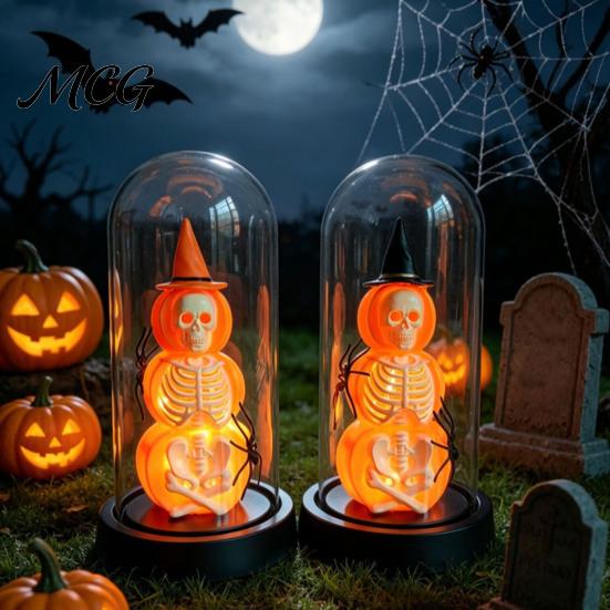 Unique Halloween Gift Decoration, Lighted Skeleton in Clear Dome Cloche with Warm Glow, Battery Year-round Decor Operated Skull Lamp Witch Hat
