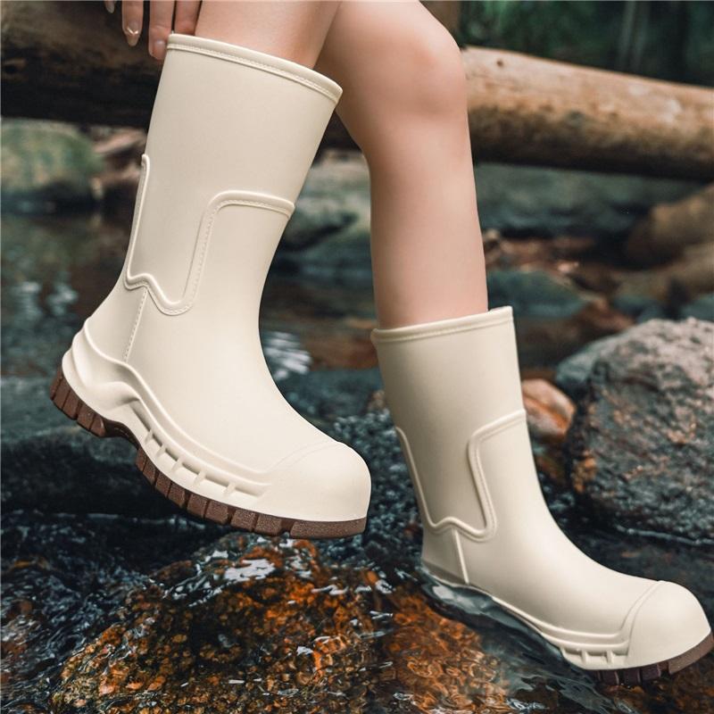 Mid Calf Rain Boots Seamless Waterproof PVC Rubber Wellies Anti Slip Thick Sole Outdoor Garden Work Rain Shoes