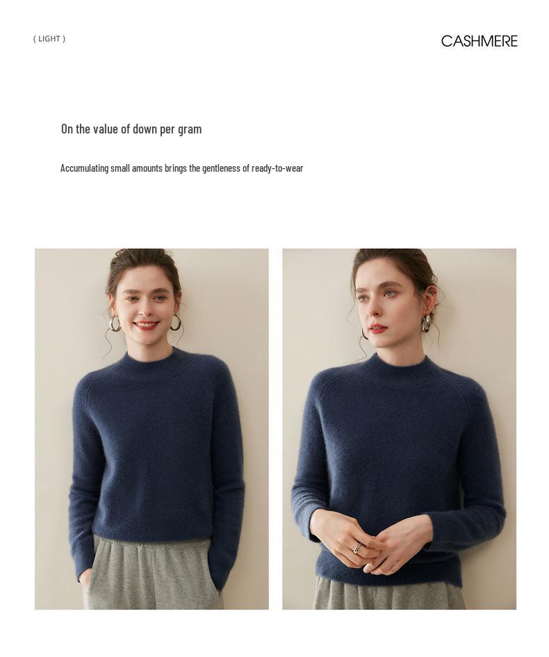 Women's 100% Pure Cashmere Sweater - Autumn/Winter Thick Half-High Collar Knit Base Layer, Loose Slimming Short Style