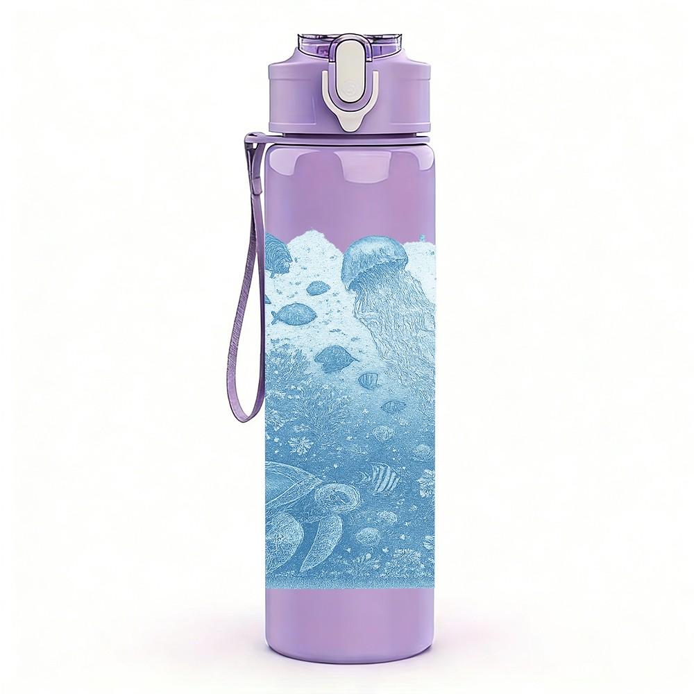 1PC Light Blue Ice Crystal Texture Print 750ml Color Plastic Sports Water Bottle Leakproof Flip Straw Lid Suitable for Sports Office Home Use