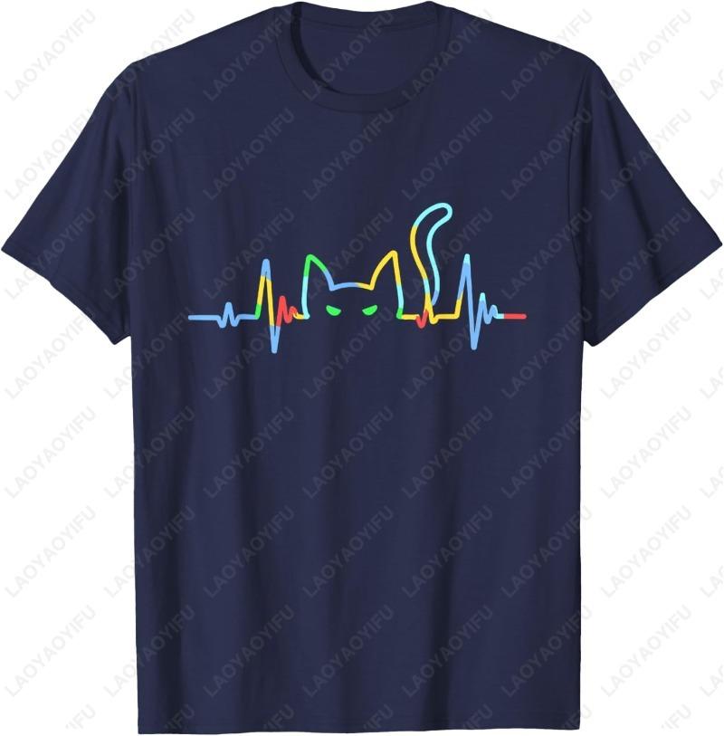 Funny Heartbeat Cat Lover Animal Silhouette Cute Printed Unisex Adult Cotton TShirt Creative Trend Casual Simple Man Camisetas