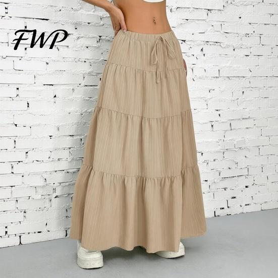 Elegant Casual Skirt Women Long Spring Summer Middle Waist A Line Flowy Swing Breathable Solid Color Elastic Drawstring Pleated