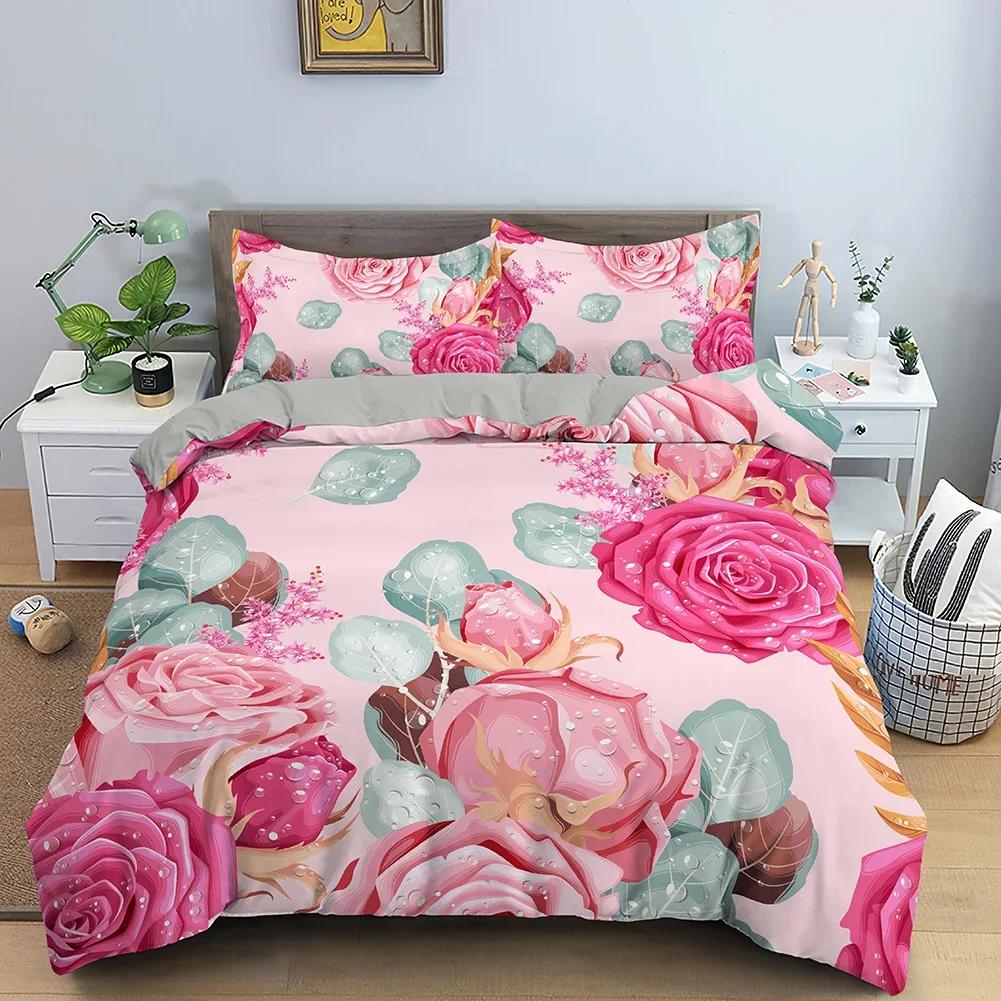 3D Rose Flower Duvet Cover Queen King Double Bedding Set 2/3pcs Quilt Cover with Zipper Closure King Size Polyester Quilt Cover