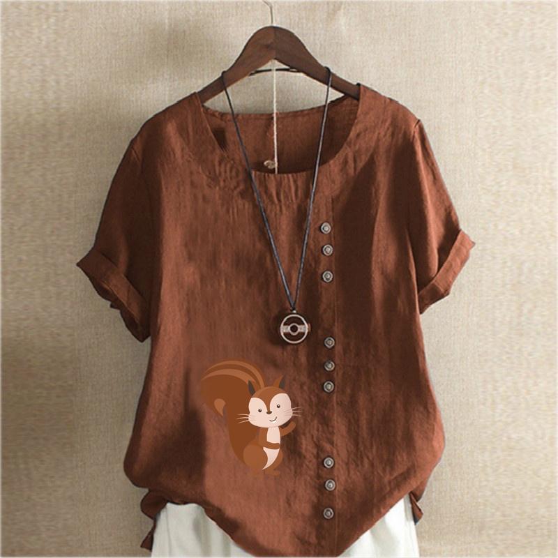 Women's Fashion Squirrel Prined Round Neck Short Sleeve T-shirt Casual Cotton Linen Graphic Shirt Leisure Loose Summer Blouse Tops
