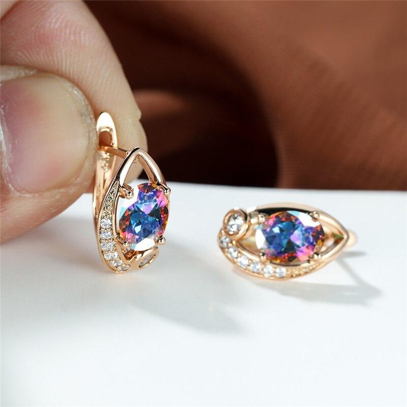Mystic Rainbow Crystal Oval Stone Earrings Charm Rose Gold Color Wedding Earrings Cute Multicolor Zircon Hoop Earrings For Women