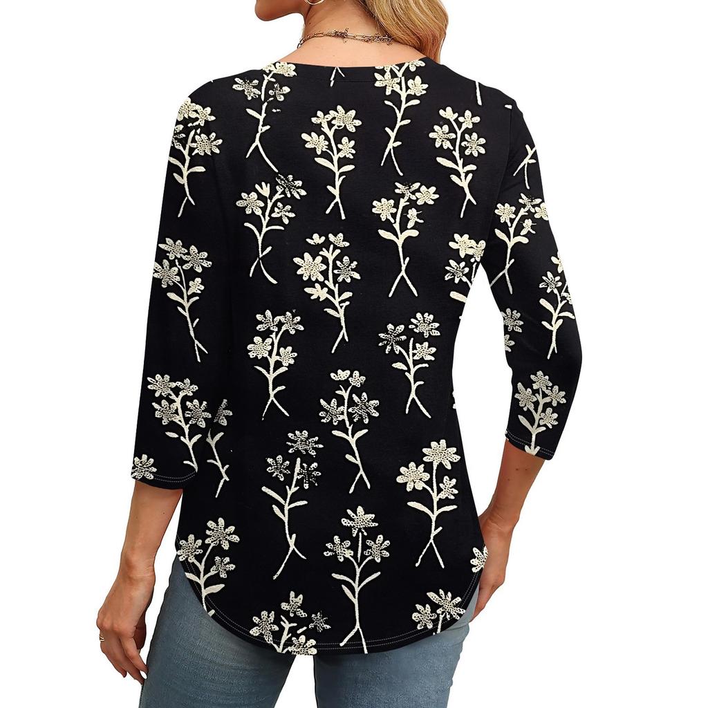 Женская модная повседневная футболка с круглым вырезом и рукавом семь четвертей в стиле ретро с принтом, плиссированная футболка