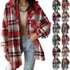 Женская мода Классическая повседневная флисовая клетчатая куртка с длинными рукавами Осень/Зима Застежка на пуговицы Цветной блок Капюшон Пальто