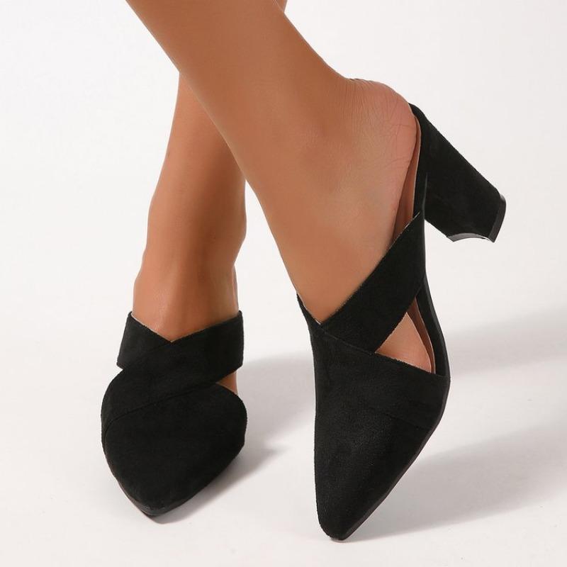 Модные летние новые шлепанцы баотоу женские модные остроносые из глубокой замши с вырезами слипоны износостойкие на толстом каблуке