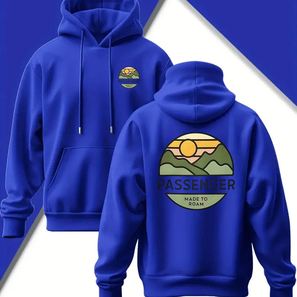 Men Fleece Hoodie Circular Sunset Mountain PASSENGER MADE TO ROAM Front Back Dual Print Outdoor Travel Pullover