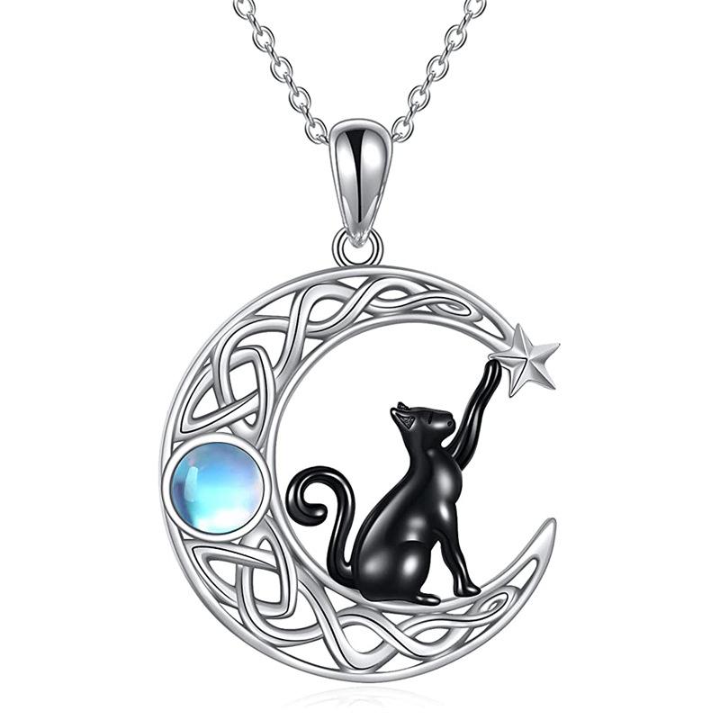 New Creative Fashion Simple Moonlight Stone Moon Star Black Cat Pendant Necklace Women's Holiday Gift