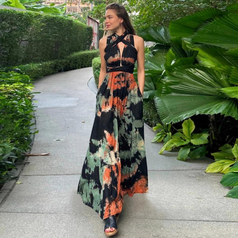 Летние повседневные платья без рукавов с принтом тай-дай и висячими бретельками на шее