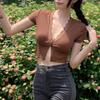 Women Hollow Out Front Split Hem V-Neck T-Shirts Knitted Short Sleeve Crop Tops Cardigan Tees Summer Casual Lady Plain Clothes