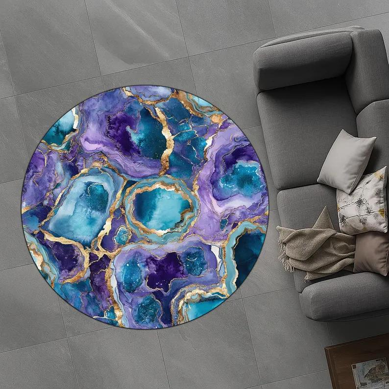 Amethyst Diamond Geode Round Rug Lavender Gold Marble Print Bedroom Living Room Carpet Blue Green Marble Pattern Mat