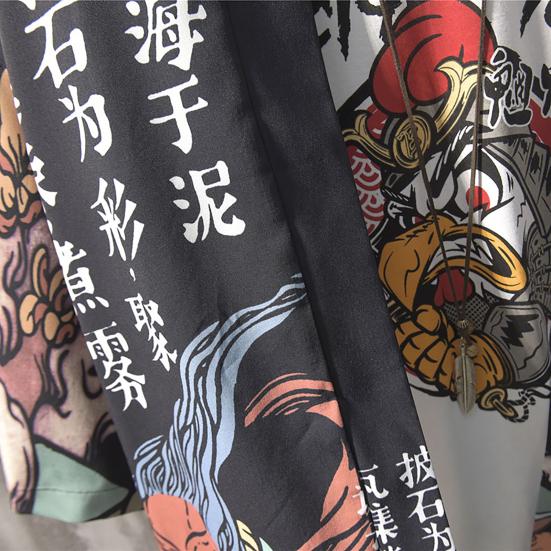 Men Shirt Chinese Style Print 3/4 Sleeve Relaxed Fit Streetwear Japanese Loose Stand Collar Kimono Top Men Clothing