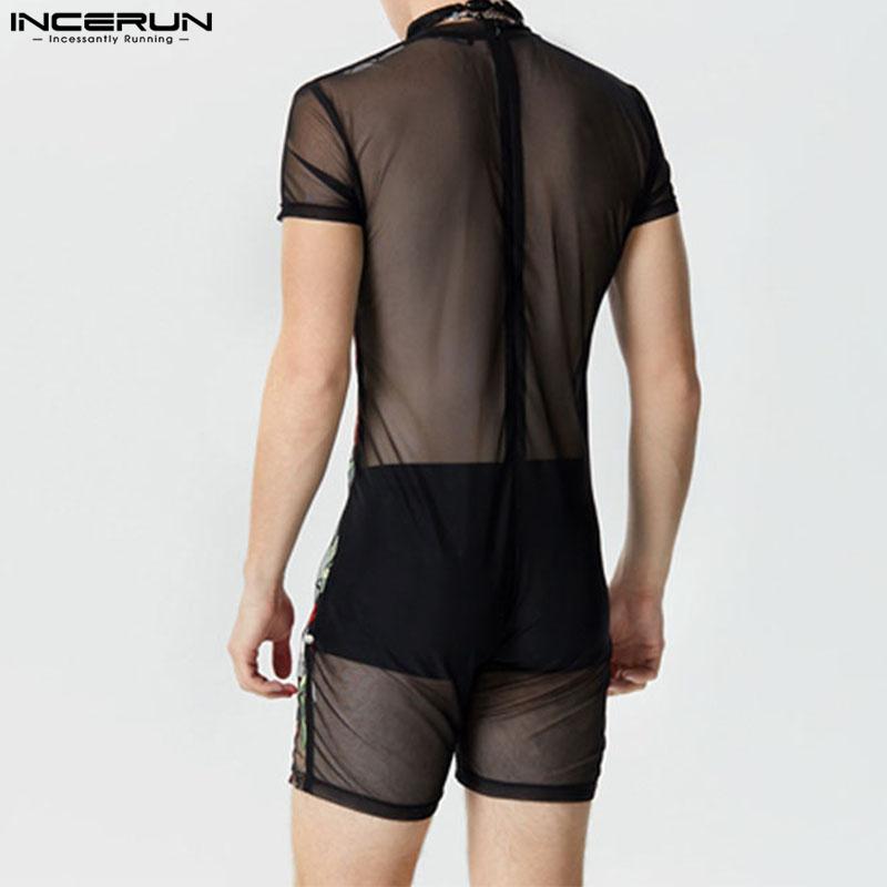 INCERUN Мужские прозрачные боди с коротким рукавом и прозрачной цветочной вышивкой