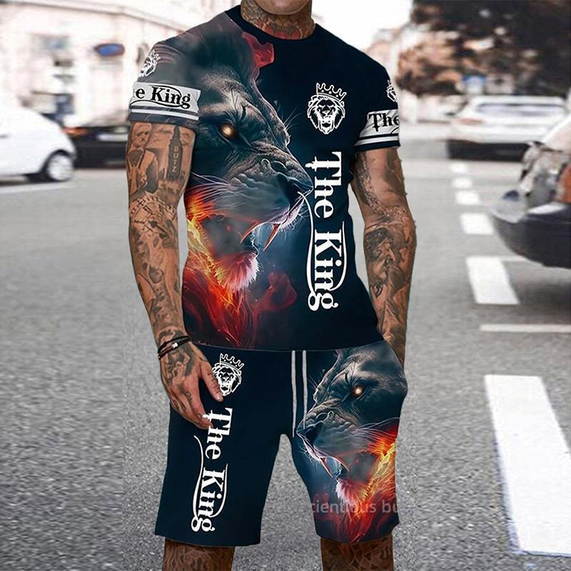 Летний мужской комплект с короткими рукавами и шортами с круглым вырезом, повседневная футболка с принтом тигра в 3D, крутой персонализированный уличный комплект, мужская спортивная одежда