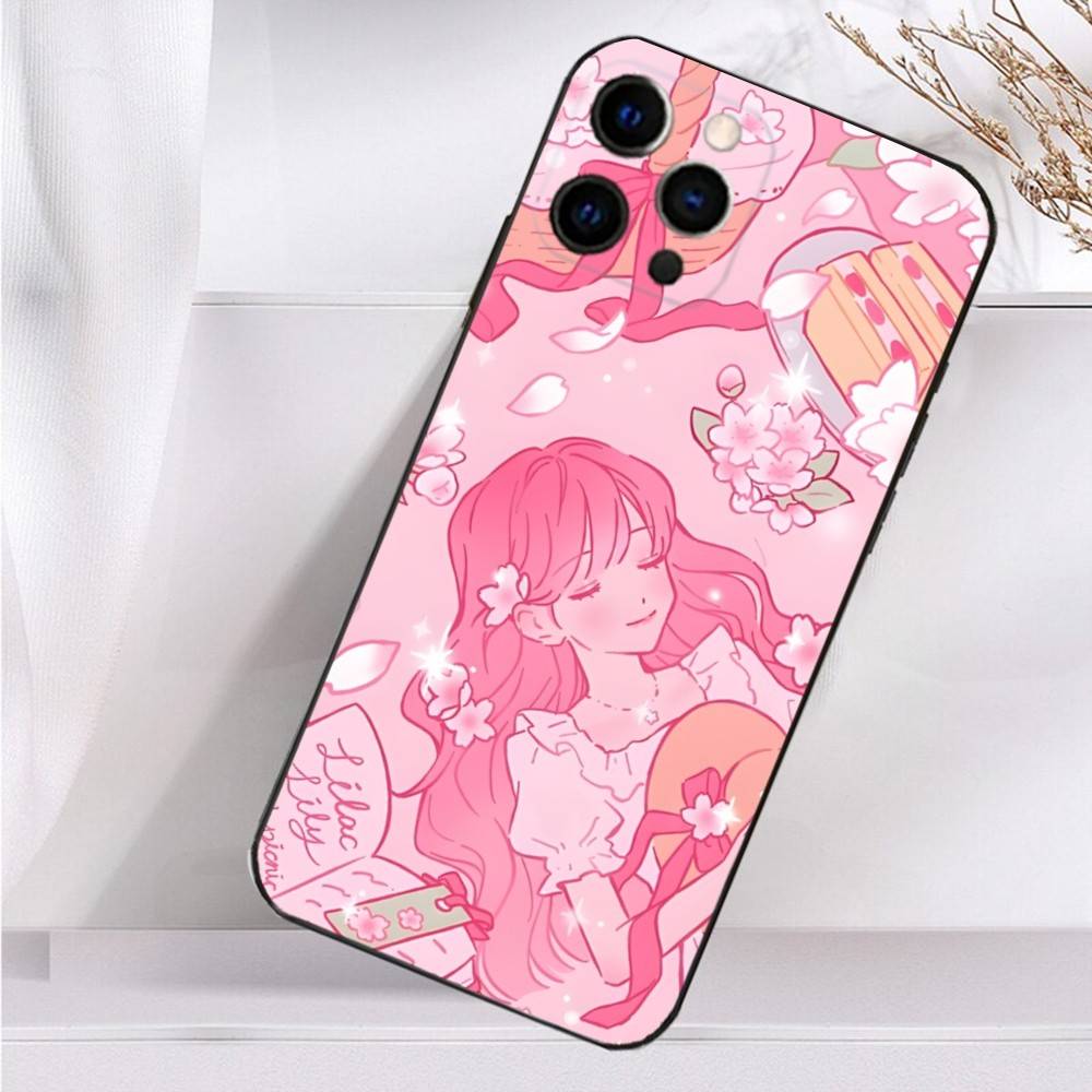 Beauty Girl Cartoon Pink Case For iPhone 16,15,17,14,13,12,11 Plus,Pro Max,XS,X,XR,SE,Mini,8,7 Soft Silicone Black Cover