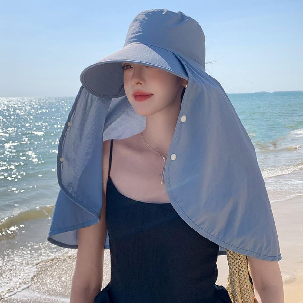 New Large Brim Sun Hat Neck Guard Shawl With Snap Button Fisherman Hat Washable Anti-UV Bucket Hat Beach