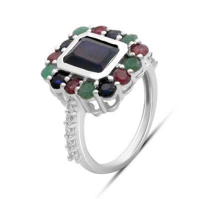 Серебряное кольцо с натуральным сапфиром 1.917ct, изумрудом, рубином, вес изделия 5,01 гр (2182382)