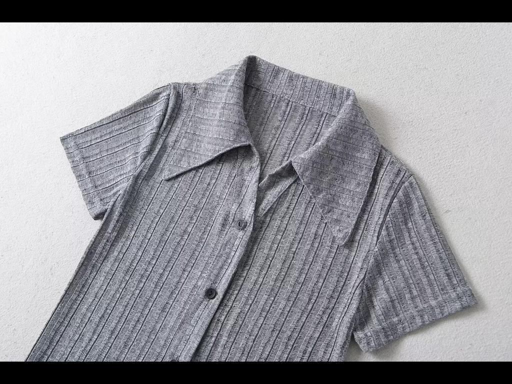 2024 Летний приталенный кардиган с воротником поло и короткими рукавами в рубчик для женщин - европейский и американский стиль горячей девушки