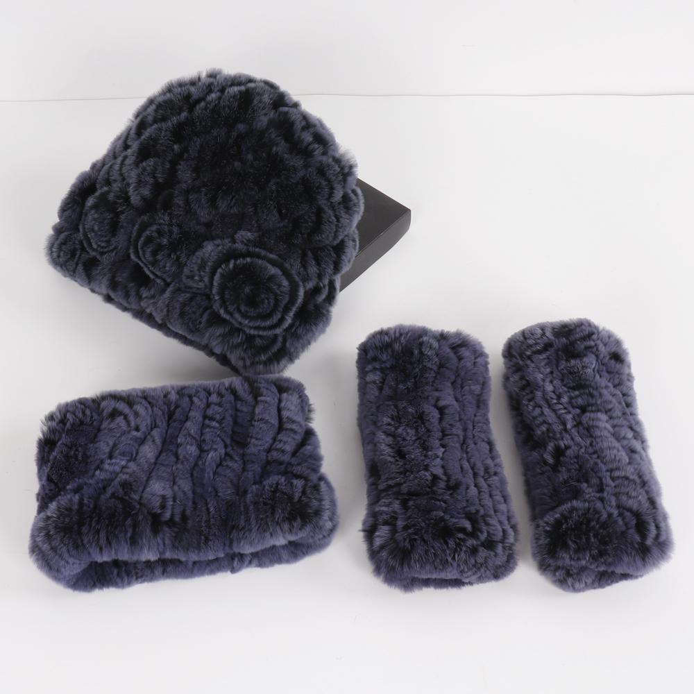 New Winter 3 Pieces Knitted Real Rex Rabbit Fur Hat Scarf Gloves Sets Women Natural Rex Rabbit Fur Warm Cap Scarves Mittens