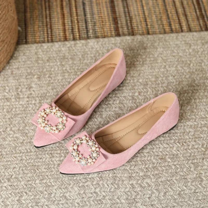Women's Flat Rhinestones Loafers Autumn Casual Fashion Pointed Toe Comfortable Non-slip Metal Decorative Ballet Flats Soft Shoes
