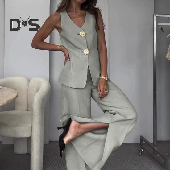 Women Commuting Suit V-neck Sleeveless Top Wide Leg Pants with Split Ends Urban Casual Style Two-piece Set Commuter Outfit for Work Parties Vacations