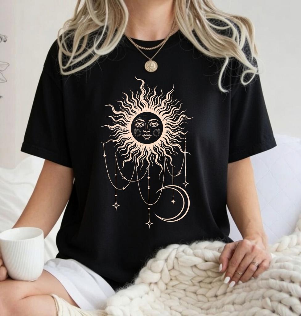 Celestial Sun Moon T Shirt Women Mystical Astrology Boho Spiritual Graphic Tee