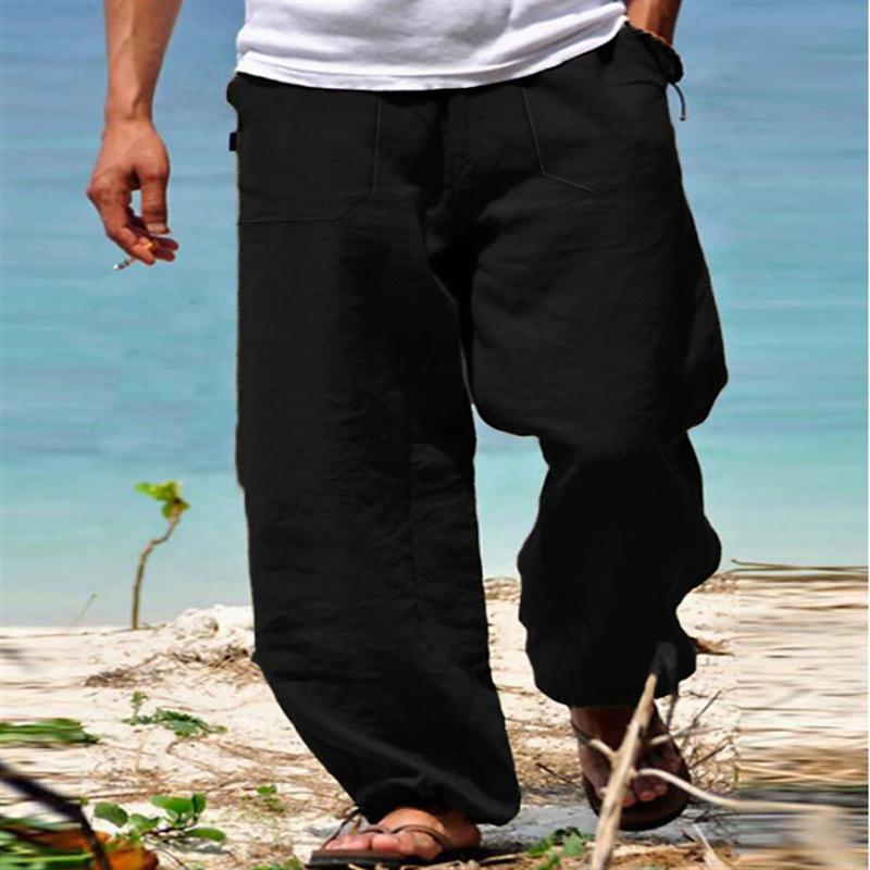 Men's Beach Pants Drawstring Elastic Waist Straight Solid Color Comfortable Casual Daily Resort Trousers