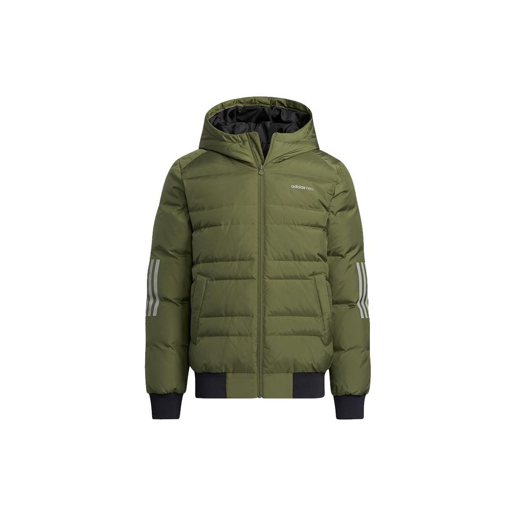 Adidas Neo Metallic 3-Stripes Sports Hooded Down Jacket Men Outerwear Olive H45270