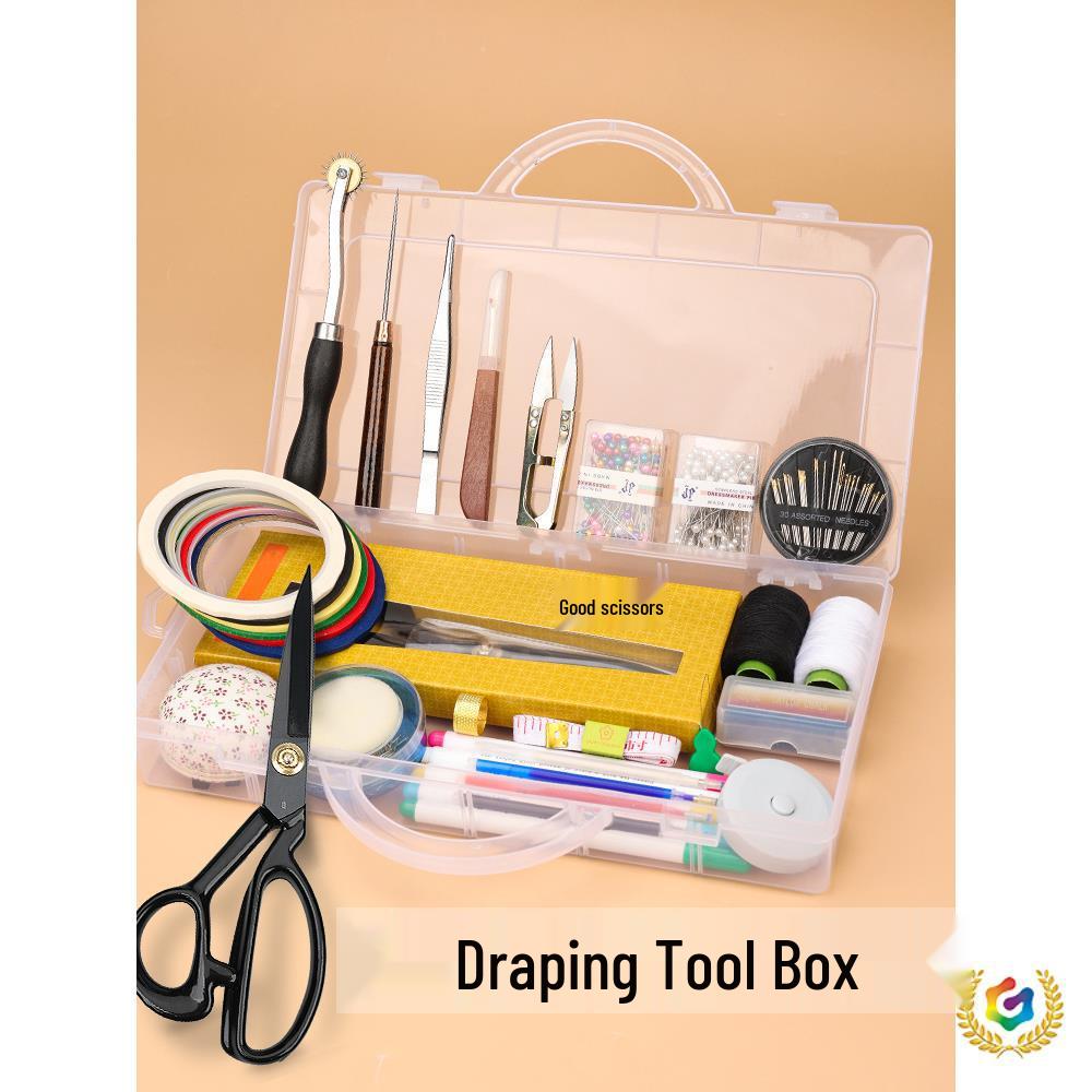 Набор инструментов для драпировки модного дизайна: Малярный скотч, Установочные штифты, Подушечка для иголок, Шило, Пинцет и Линейка.