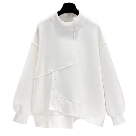 Женский однотонный свитшот с половиной рукавом, нерегулярный высокий воротник, длинный пуловер с подолом, топы с декором на пуговицах, уличная одежда