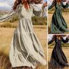 Ladies Dress V Neck Flower Print A-line Loose Hem Long Lantern Sleeve Pullover Pleated High Tight Waist Lady Spring Fall Maxi Dress