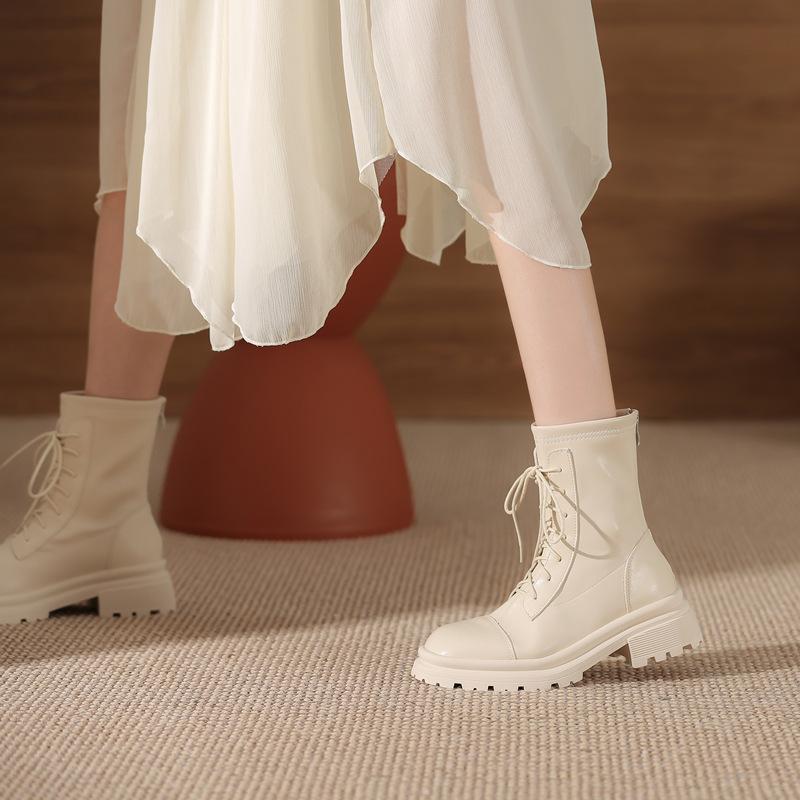 Winter Plush Short Boots New Martin Boots Trendy Brown Brown Thin Boots Round Toe Lace-up Short Boots for Women