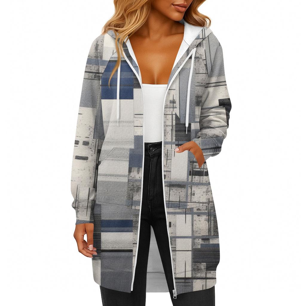 Женская модная толстовка с длинными рукавами, принтом, капюшоном на кулиске, карманом на молнии, длинная, повседневная