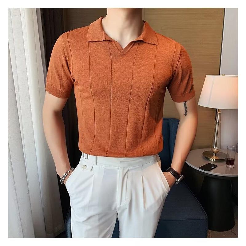 Мужская летняя поло-рубашка в полоску – Короткий рукав, Приталенный крой, V-образный вырез, Деловой кэжуал